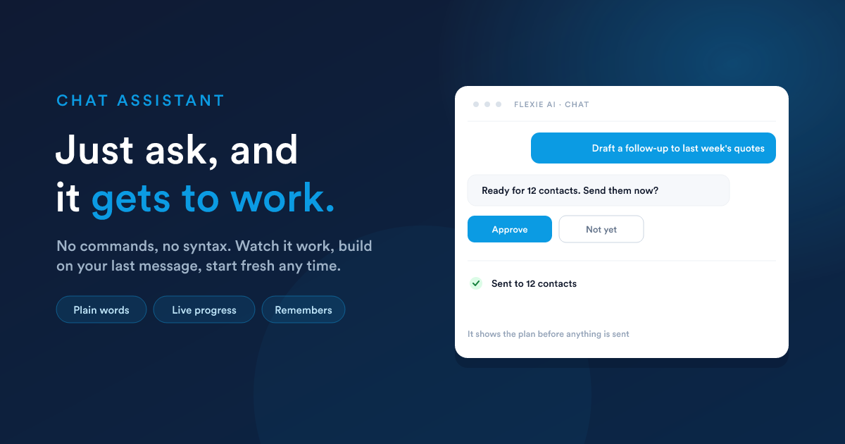 A Flexie AI chat where the user asks for a follow-up to last week's quotes and the assistant prepares it, shows the plan, and confirms it was sent to 12 contacts after approval