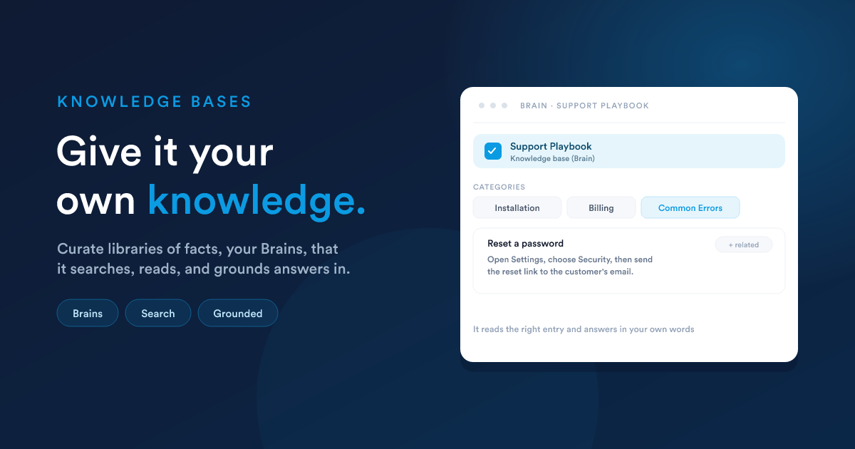 A Flexie Brain called Support Playbook with categories for Installation, Billing, and Common Errors, and a document for resetting a password that the assistant can read and follow related links from