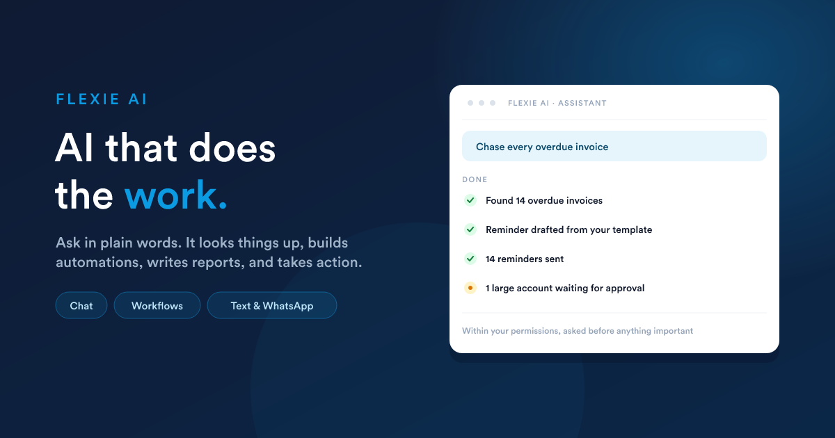 The Flexie AI assistant carrying out a request end to end; it found 14 overdue invoices, drafted a reminder, sent them, and paused one large account for approval