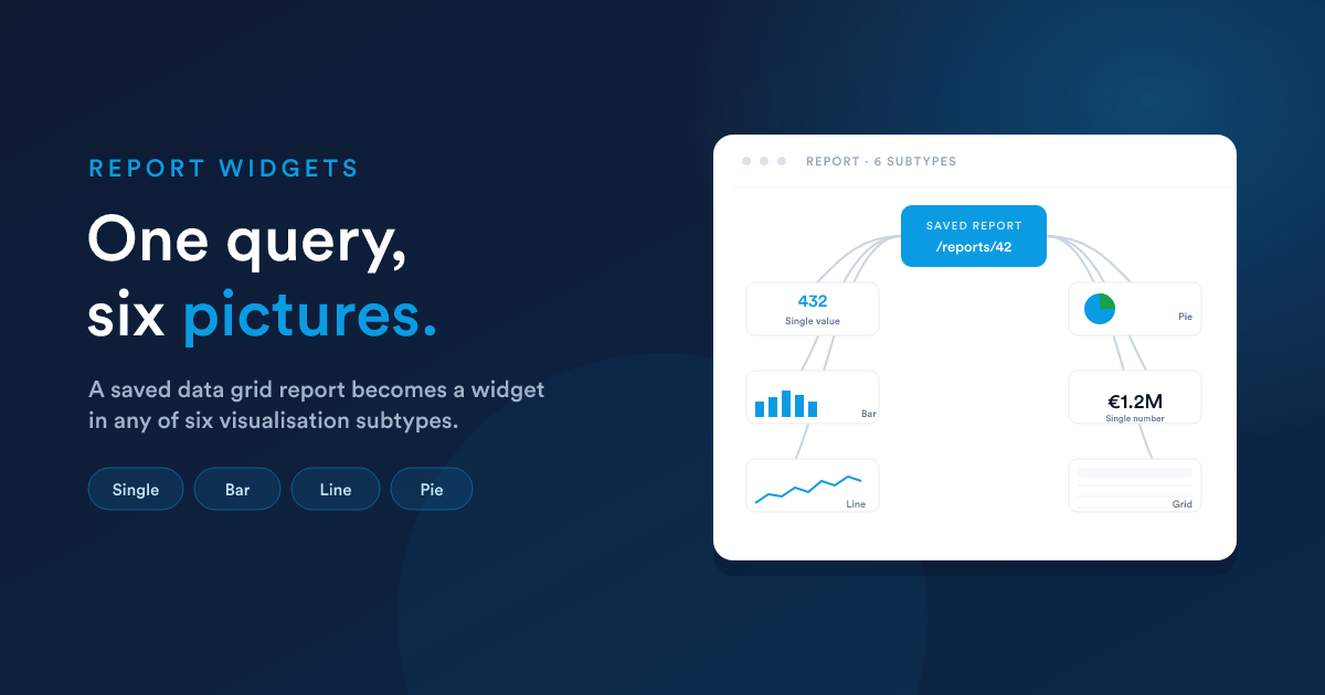 A single saved Flexie report driving six different widget visualisations on a dashboard