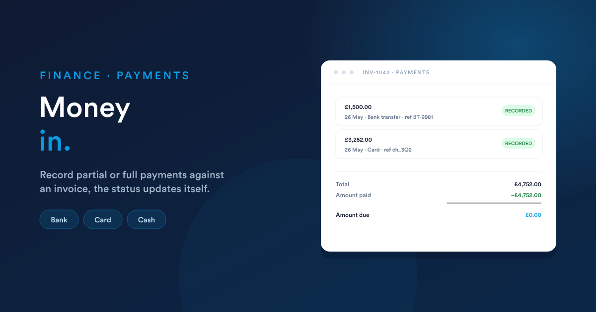 A Flexie invoice with two recorded payments and the running paid-vs-due balance