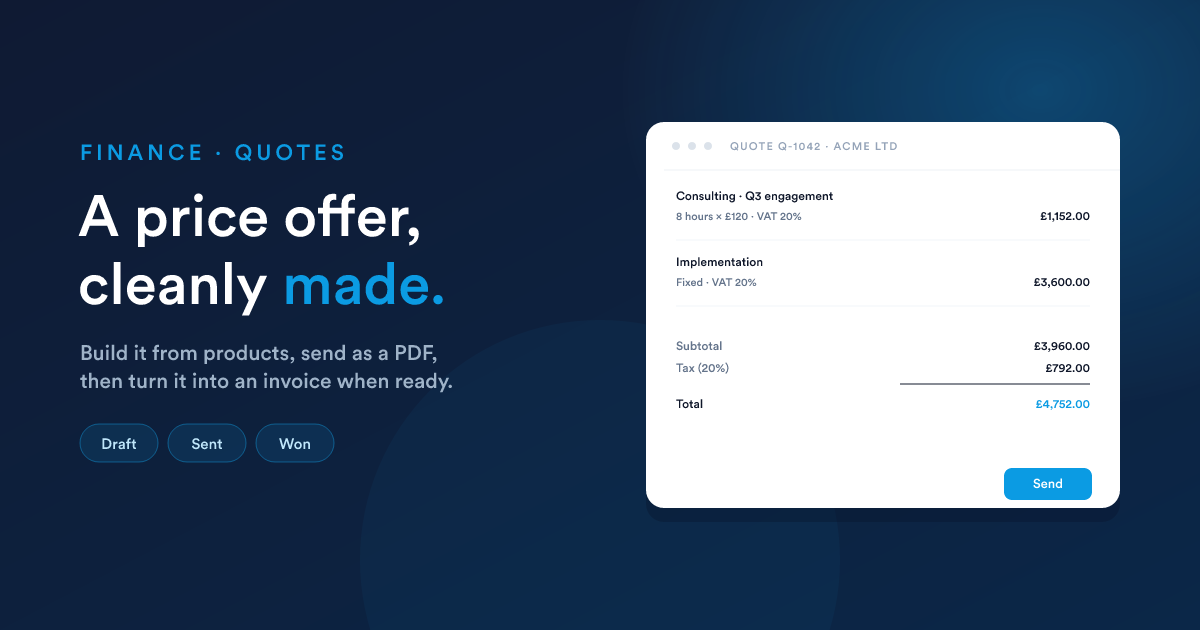 A Flexie quote with line items, taxes, and totals, ready to send to a customer