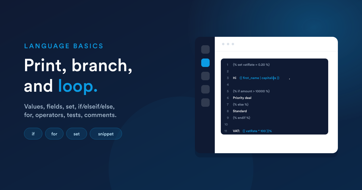 A short Flexie Scripting template with placeholders, an if block, and a for loop