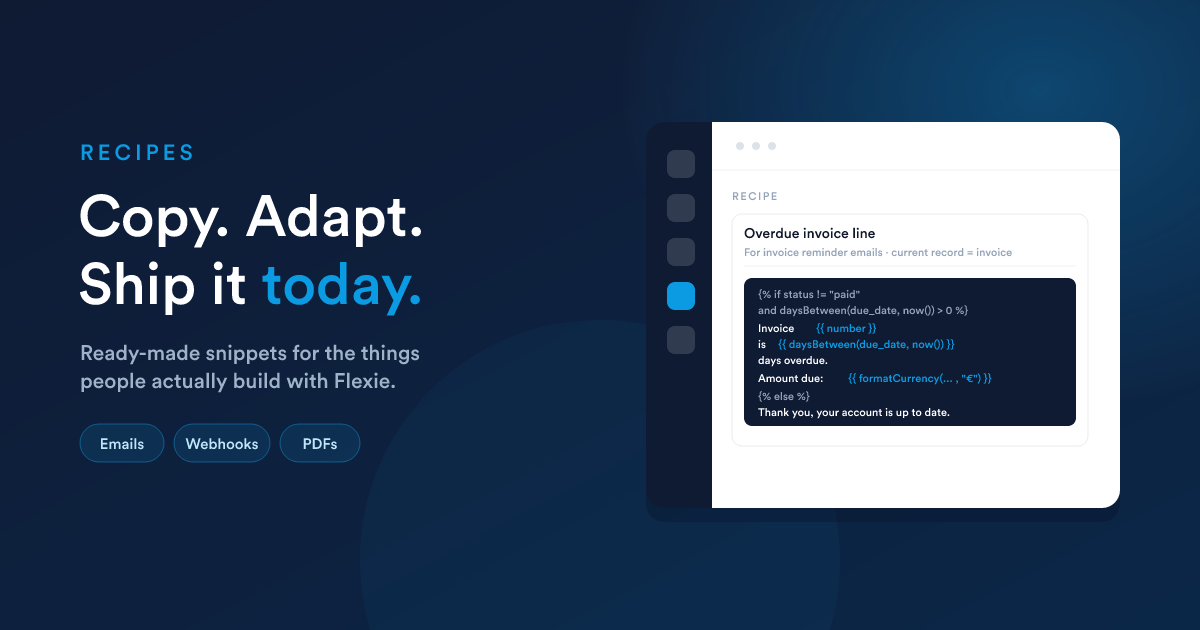 A collection of Flexie Scripting snippets, an overdue invoice line, a tag toggle, a QR pay block