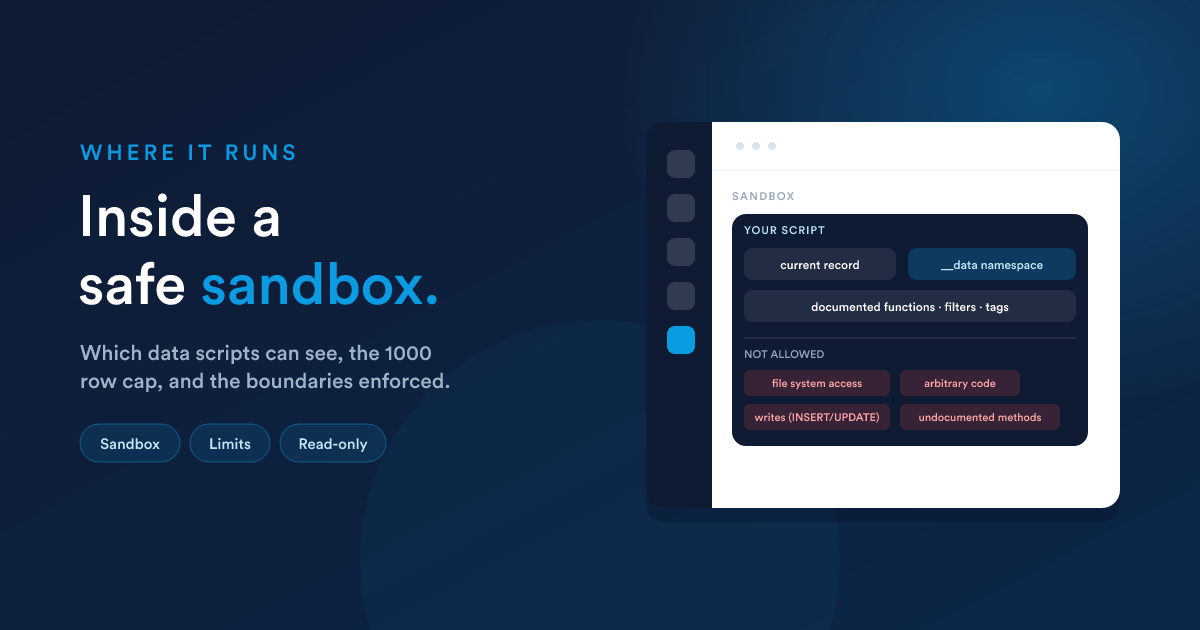 Flexie Scripting running inside a sandbox, with access to the current record, __data, and a documented toolkit