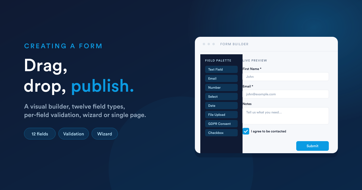 The Flexie form builder with a field palette on the left and a live preview of the form on the right
