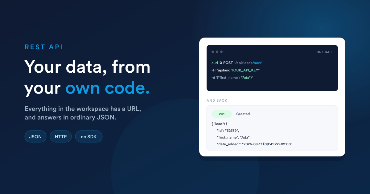 Eine curl-Anfrage, die einen Lead anlegt, daneben das JSON, das zurückkommt, über die Flexie REST API